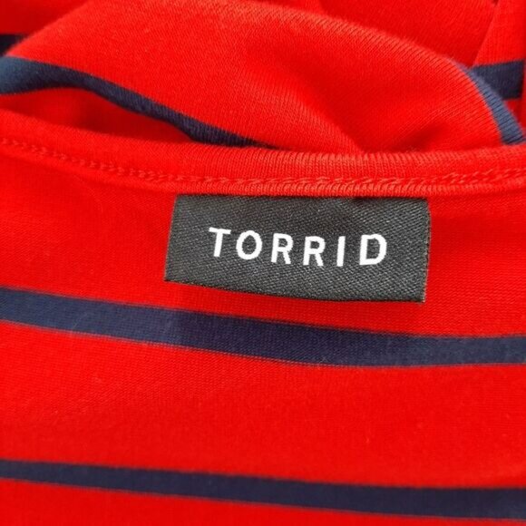 TORRID \ Faux Wrap Knee Length Midi Dress Stretch Jersey Knit Stripe Red Blue M - Picture 12 of 13